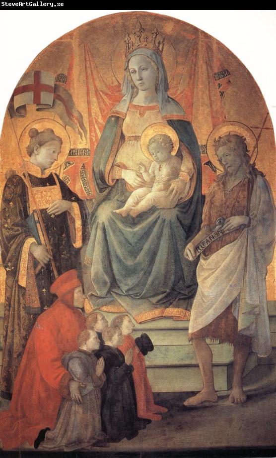 Fra Filippo Lippi The Madonna and Child Enthroned with Stephen,St John the Baptist,Francesco di Marco Datini and Four Buonomini of the Hospital of the Ceppo of Prato